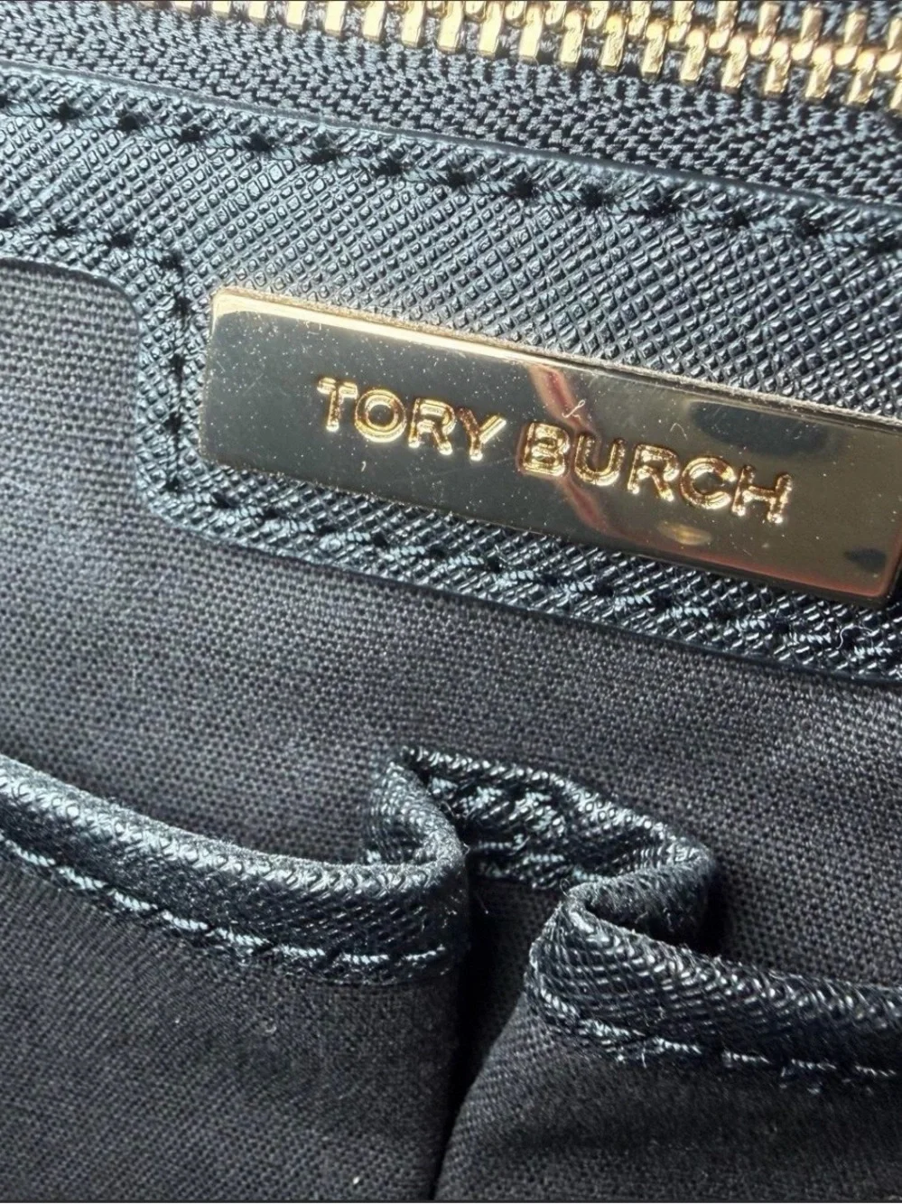 Tory Burch Black Leather Tote with Gold Logo Charm